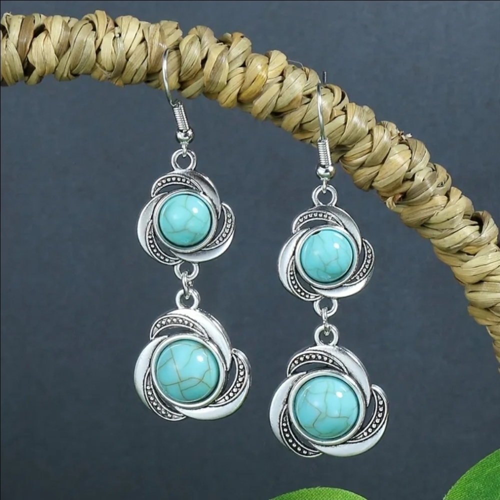 Boho Silver Tone and Turquoise Dangle Earrings